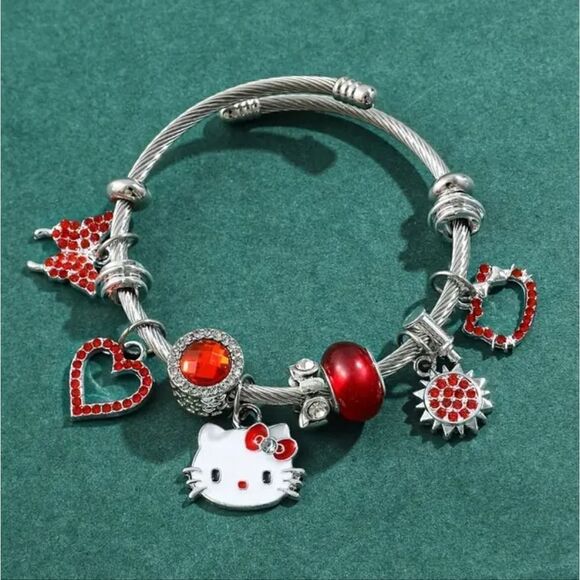 Hello Kitty Charm Pendant Silver & Red Tone Bangle Bracelet - Picture 2 of 4